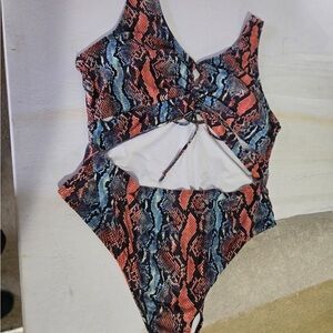 SHEIN Snake Print One-Piece Swimsuit in Coral and Blue